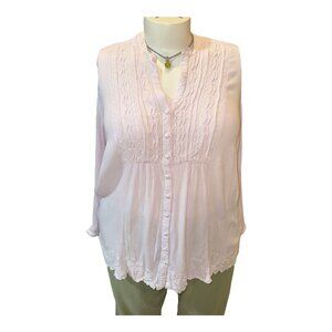 Gloria Vanderbilt Blush Pink Long Sleeve Pleated Peasant Button V-Neck Top 2X